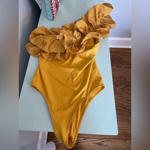 The Westside Yellow One Shoulder Ruffle One Piece Swim Suit Size S